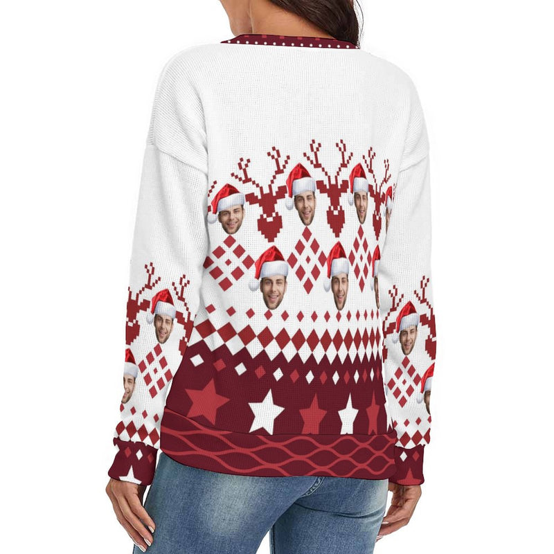 Custom Face Women's V Neck Sweater&Men's Crew Neck Sweater Christmas Red Couple Sweaters