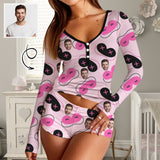 Custom Face Women's Long Sleeves&Shorts Button Pajama Sets Personalized Pink Face Sleepwear