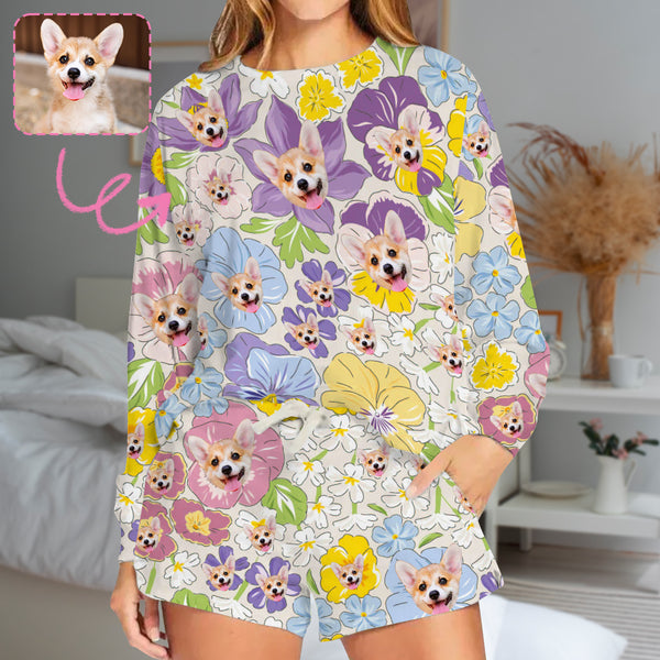 Custom Cute Pet Face On Pajama Set Personalized Women's Loungewear Sleepwear