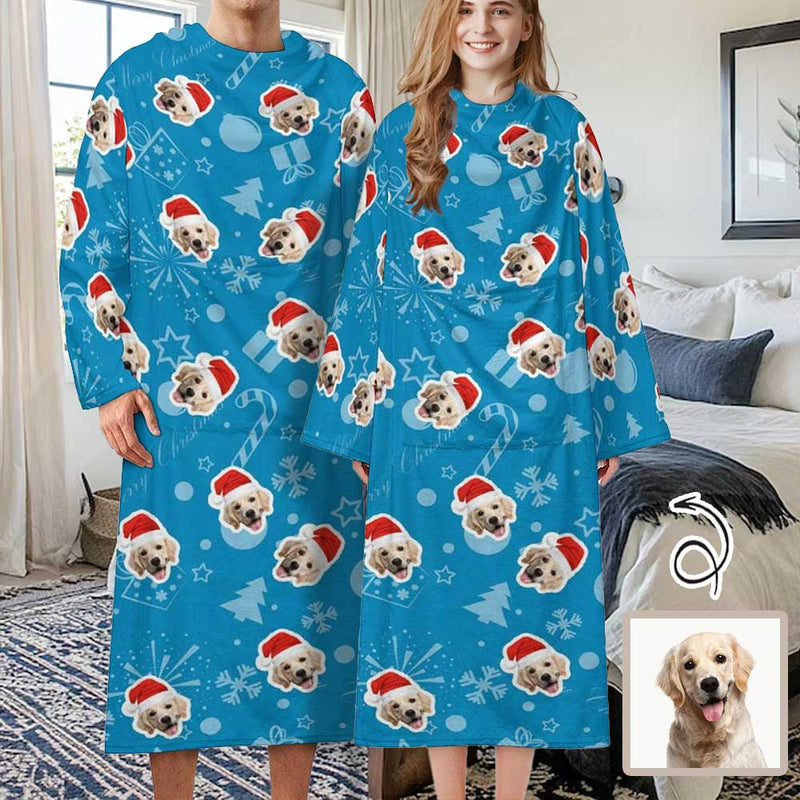 Personalized Face Christmas Blue Blanket Robe Loungewear