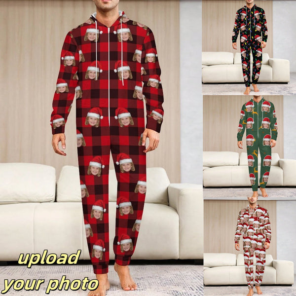 Flannel Fleece Custom Face Christmas Pajama Onesie Loungewear Set For Adult&Kids