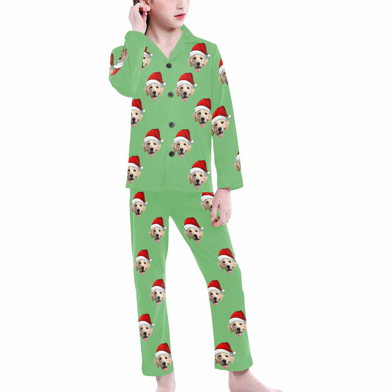 Custom Face 2Y-15Y Kid's Long Sleeve Pajamas Set Personalized Solid Color Christmas Hat Face Pajama