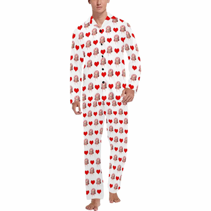 Custom Face Red Heart Long Sleeved Pajamas&Blanket Personalized Men's Face Long Set