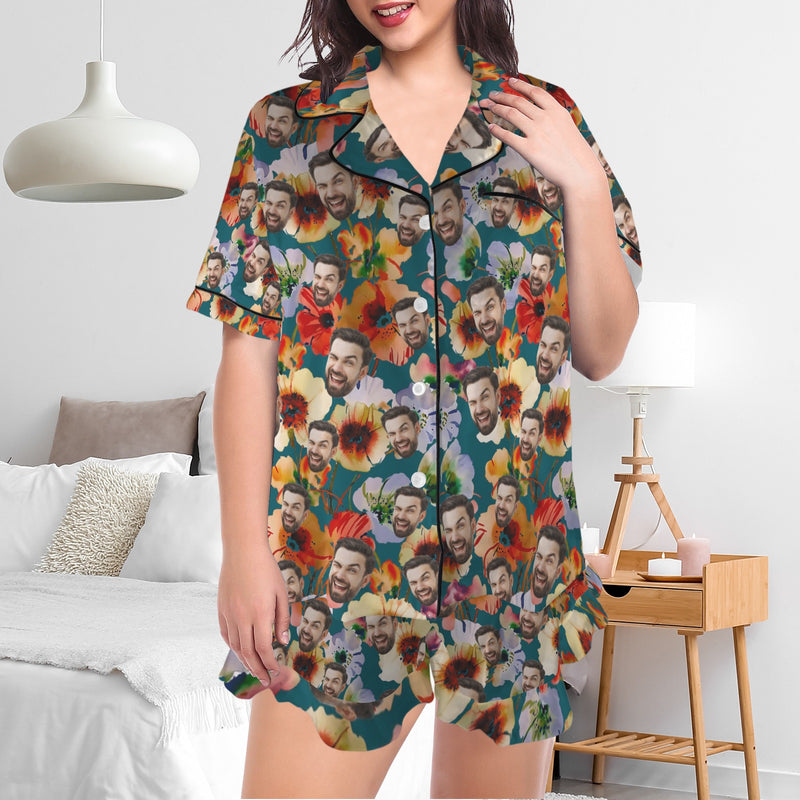 Personalized Women's Silk Short Sleeve Pajama Sets Custom Face Colorful Flowers Satin Pajamas Nightwear