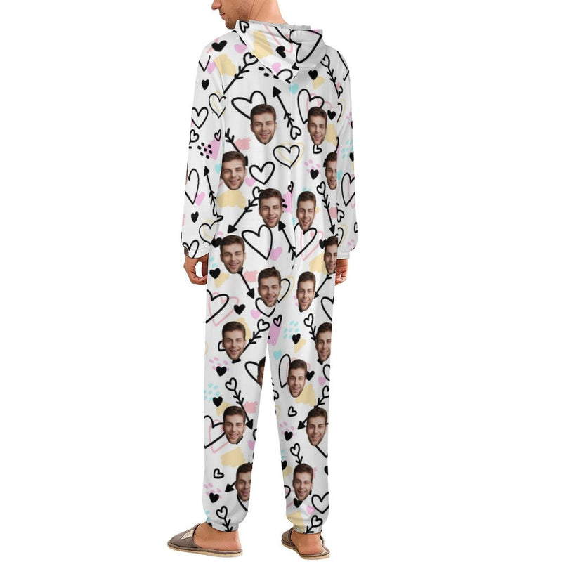 Custom Face Couple Onesie Jumpsuit Personalized White Heart Unisex One Piece Pajama Loungewear