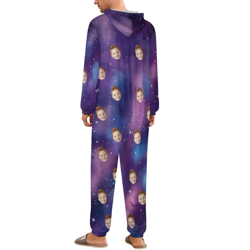 Custom Face Couple Onesie Jumpsuit Personalized Starry Sky Unisex One Piece Pajama Loungewear