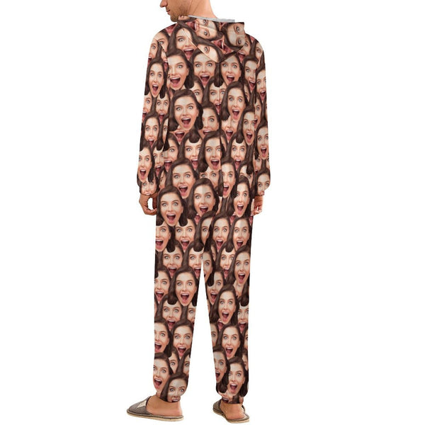 Custom Multi-Face Unisex Hooded Onesie Jumpsuits With Pocket For Adult Personalized Zip One-piece Pajamas