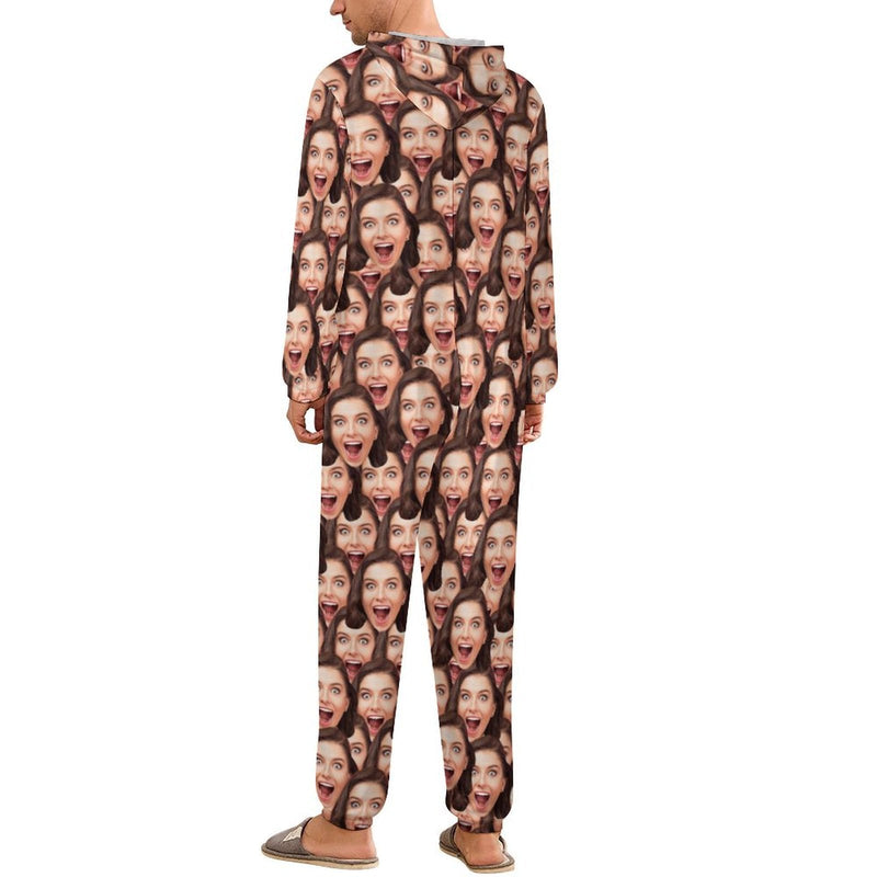 Custom Multi-Face Unisex Hooded Onesie Jumpsuits With Pocket For Adult Personalized Zip One-piece Pajamas