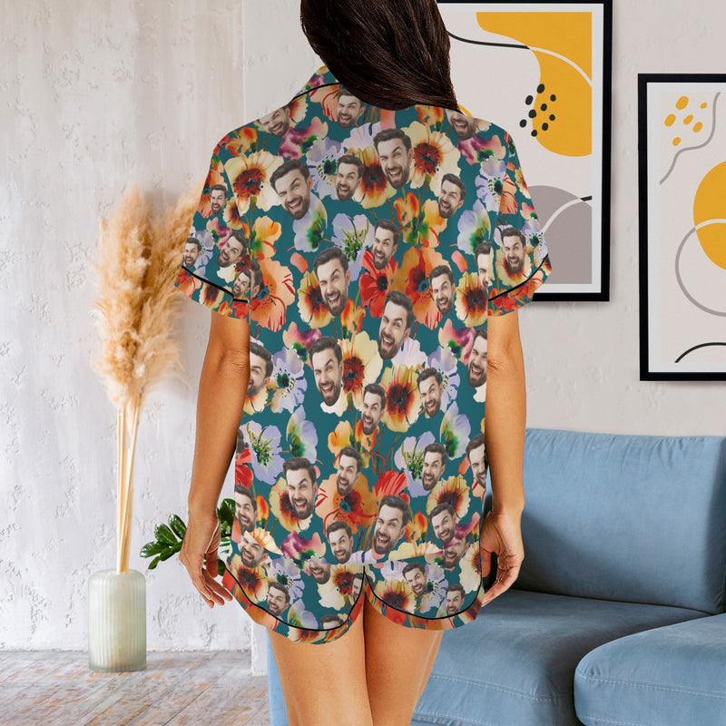 Personalized Women's Silk Short Sleeve Pajama Sets Custom Face Colorful Flowers Satin Pajamas Nightwear