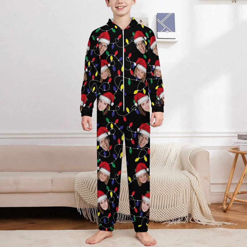 Flannel Fleece Custom Face Christmas Pajama Onesie Loungewear Set For Adult&Kids