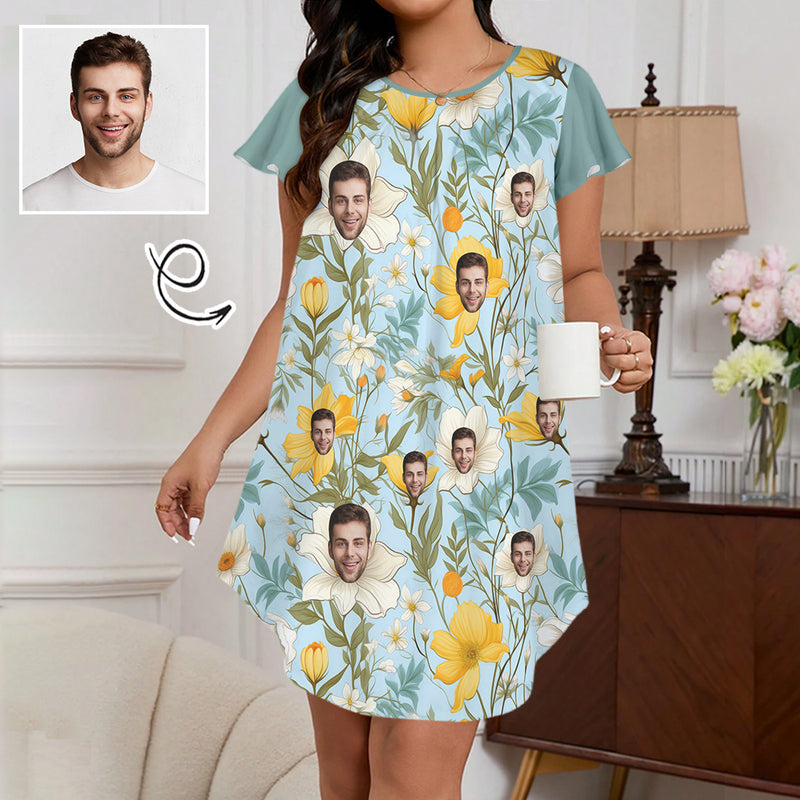 Custom Women's Flared Sleeves Pleated Pocket Nightdress Personalized Photo Yellow Flowers Blue Nigntgown Pajamas