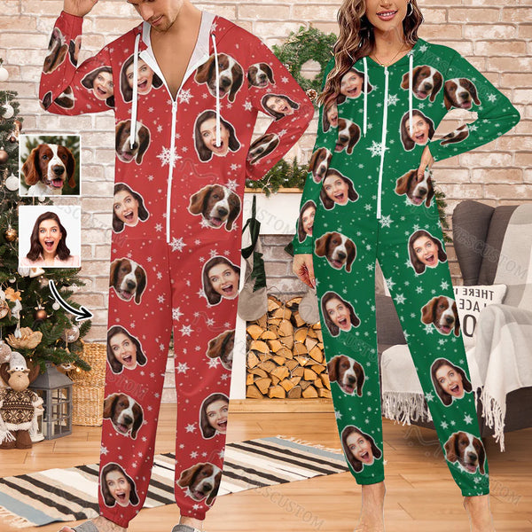 Custom Face Couple Christmas Snowflake Onesie Jumpsuit Personalized Unisex One Piece Pajama Loungewear