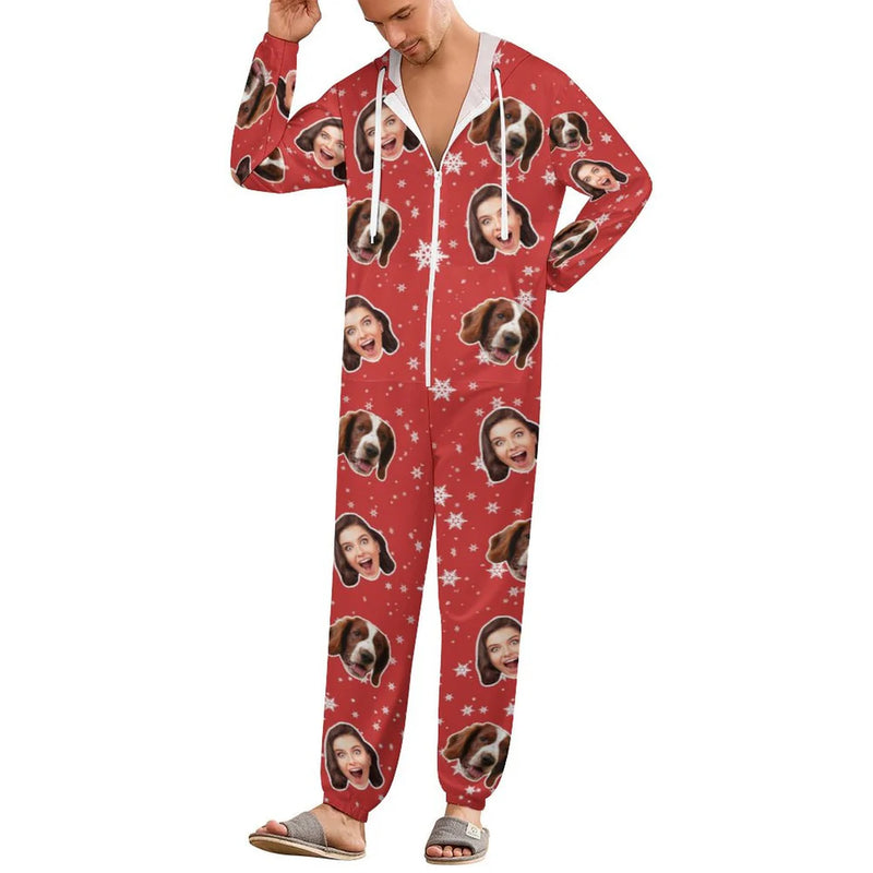 Custom Face Couple Christmas Snowflake Onesie Jumpsuit Personalized Unisex One Piece Pajama Loungewear