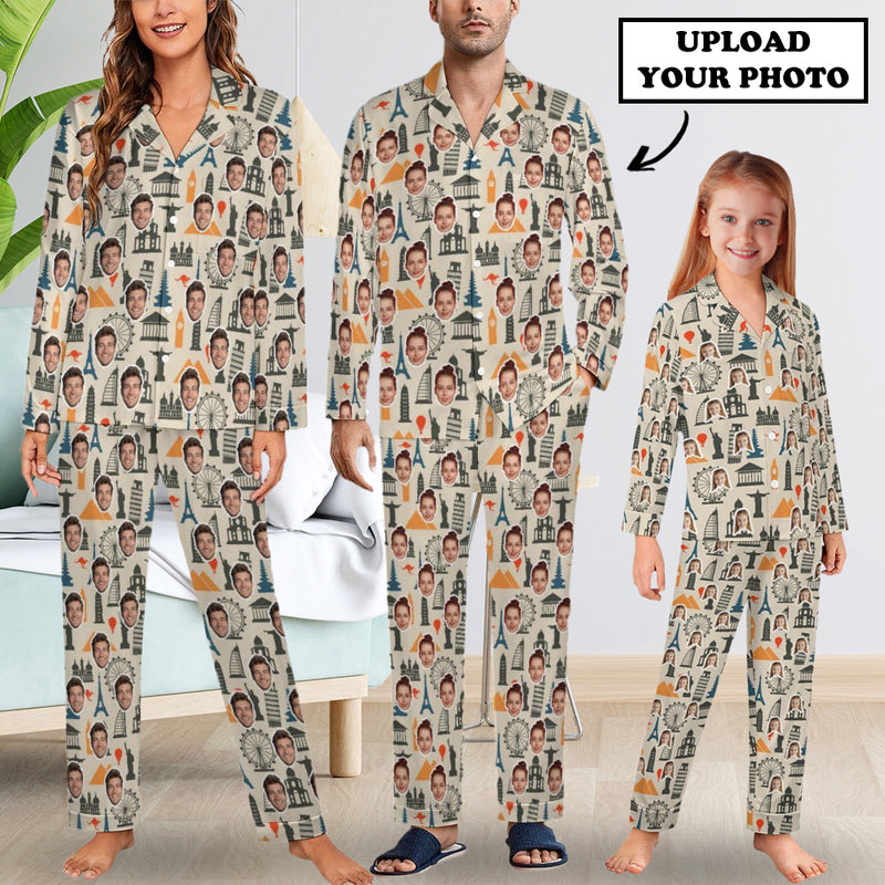 Custom Face Pajamas Set Personalized Family Matching Long Sleeve Button Pajama Set