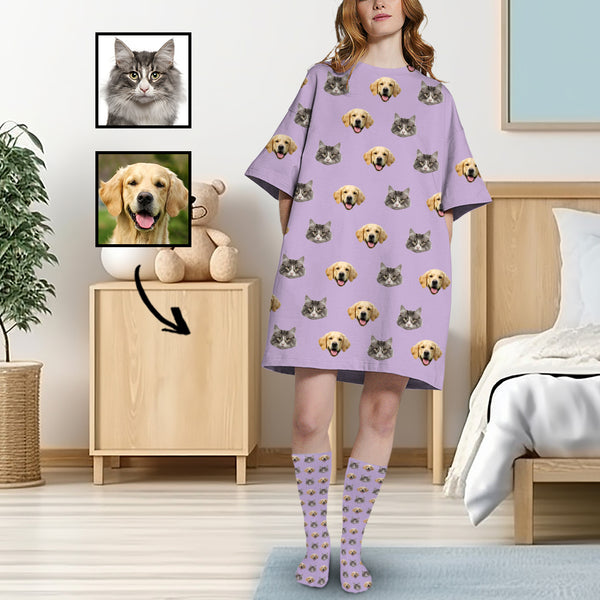 Custom Two Face Purple Nightdress&Socks Personalized Women's Oversized Sleep Tee Loose Sleepwear