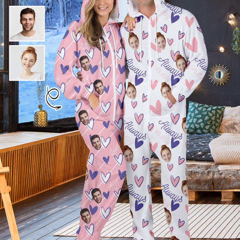 Custom Face Couple Onesie Jumpsuit Personalized Pink&White Unisex One Piece Pajama Loungewear