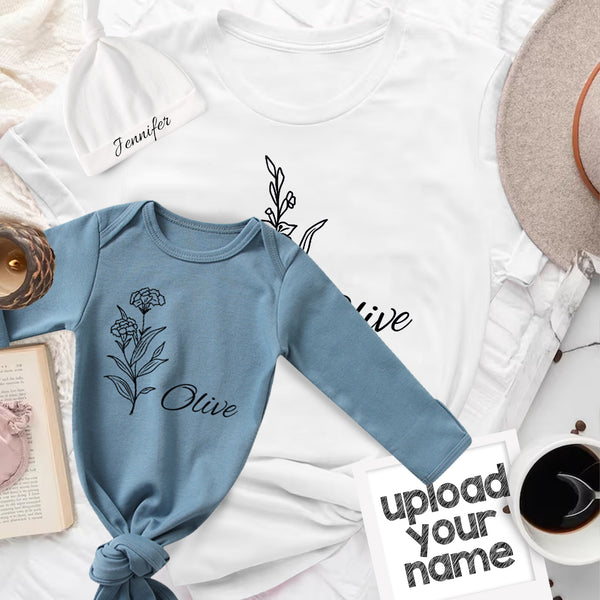 Personalized Birth Month Flower&Name Baby Sleep Gown Custom Baby Sleep Bag Outfit Pajama&Mom T-shirt