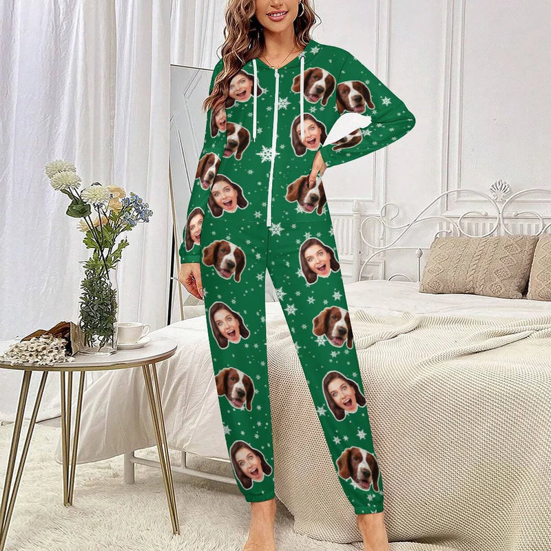 Custom Face Couple Christmas Snowflake Onesie Jumpsuit Personalized Unisex One Piece Pajama Loungewear