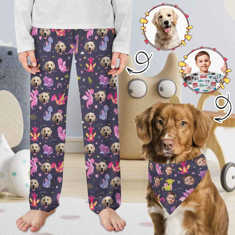 Custom Kid's Pajama Pants Personalized Face Dinosaur Pajama Pants&Dog Bandana