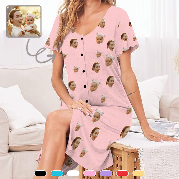 Custom Face Women's Nightshirt Short Sleeve Button Down Nightgown Sleepwear Pajama Dress