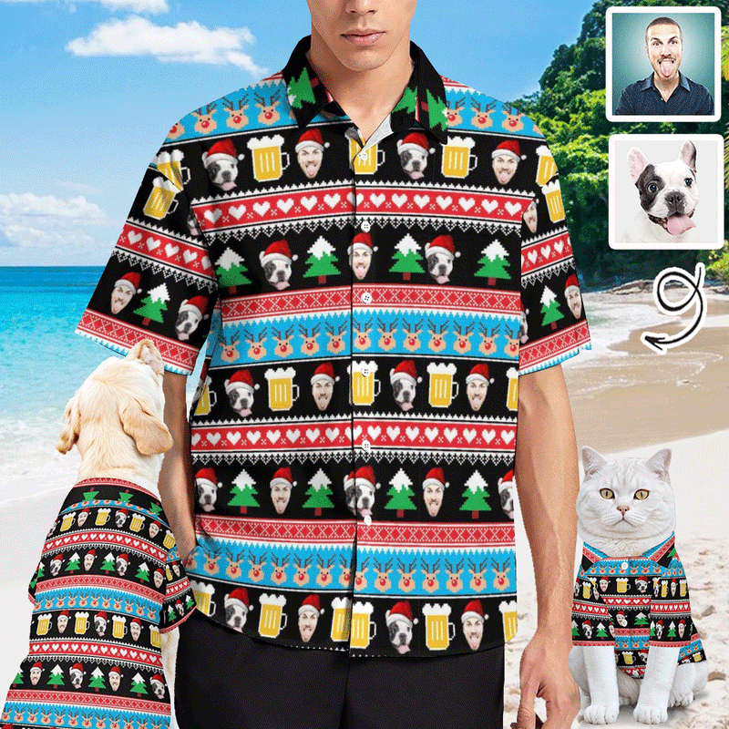 Custom Face Men's Shirt&Pet Shirt Personalized Face Christmas Tree Hawaiian Shirt&Pet Shirt For Pet Lovers