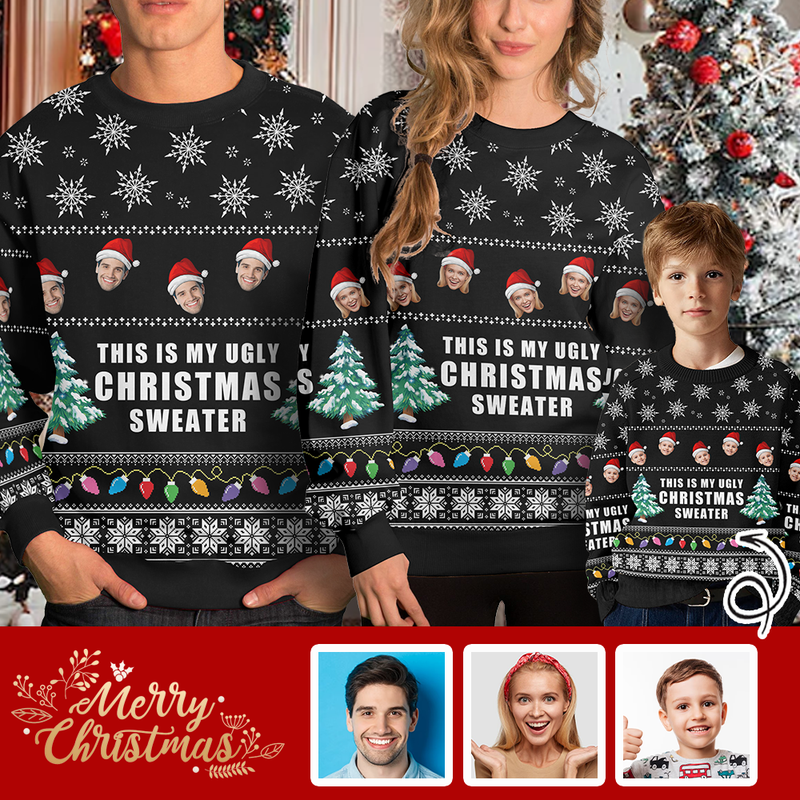 Custom Crewneck Thick Sweater For Adults&Kids Personalized Christmas Black Ugly Sweater