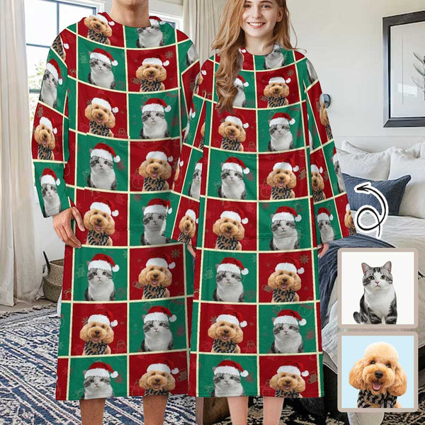 Personalized Face Christmas Red&Green Grid Blanket Robe Loungewear