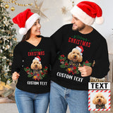 Custom Photo&Text Women's V Neck Sweater&Men's Crew Neck Sweater Merry Christmas Black Couple Sweaters