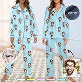 Custom Face Women's Cotton&Satin Long Sleeve Pajamas Personalized Solid Colors Sleepwear