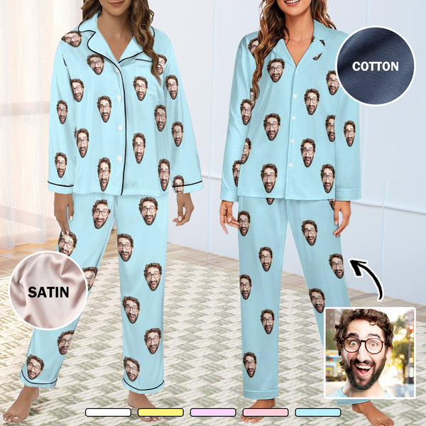 Custom Face Women's Cotton&Satin Long Sleeve Pajamas Personalized Solid Colors Sleepwear