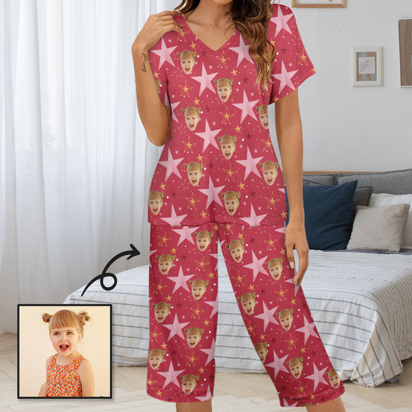 Personalized Face Women's Pajama Set Custom Face Stars Red Women's V-Neck Short Sleeve&Capri Pants Pajama Sets