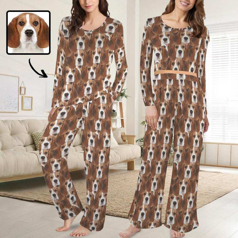 Custom Multiface Long Pajama Sets Personalized Women's Round Neck Pocket Long Pajama Sets