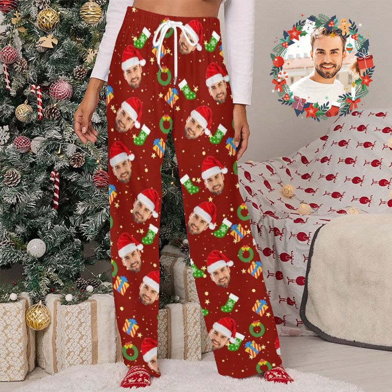 Unisex Pajama Pants Custom Face Christmas Red Pajama Pants For Men&Wom