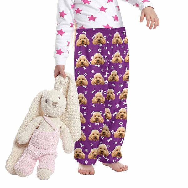 Coral Fleece Pajama Pants For Kids Personalized Dog Face&Bones 6 Colors Pants