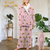 Custom Face Flannel Pink Pet Paw Pajama Set Loungewear Personalized Women's Long Sleeve Tie Waist Pocket Flannel Pajama