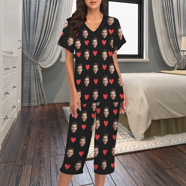 Personalized Face Women's Pajama Set Custom Face&Red Hearts Women's V-Neck Short Sleeve&Capri Pants Pajama Sets