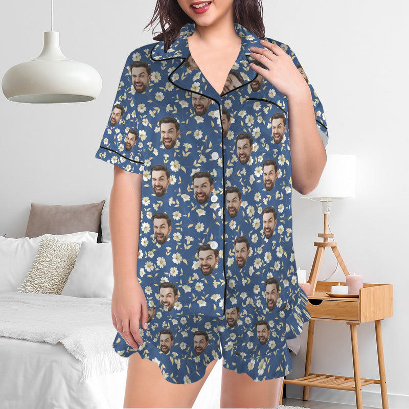 Personalized Women's Silk Short Sleeve Pajama Sets Custom Face Blue Satin Pajamas Nightwear