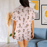 Personalized Women's Silk Short Sleeve Pajama Sets Custom Face Little Flowers Lignt Pink Satin Pajamas Nightwear