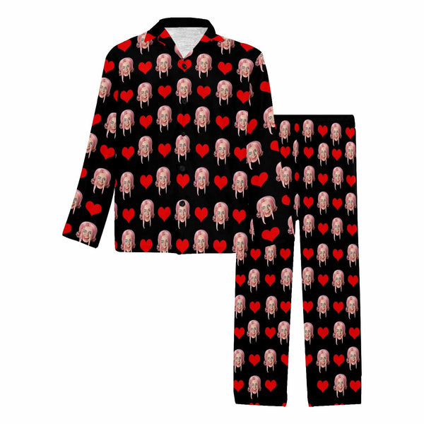 Custom Face Red Heart Black Long Sleeved Pajamas Personalized Men's Face Long Set