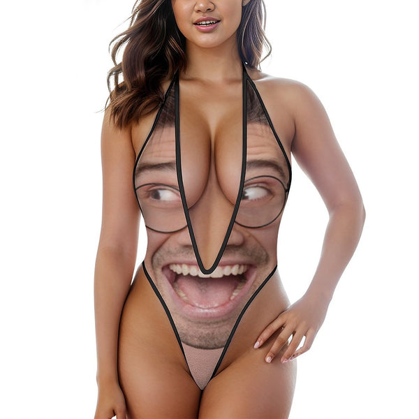 Personalized Women's Sexy Deep V Jumpsuit Custom Face Mesh Big Face Funny Jumpsuit For Valentine's Day