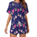 Personalized Face Women's Pajama Set Custom Pink Heart Blue Short Sleeve Set Loungewear