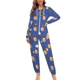 Custom Face Couple Onesie Jumpsuit Personalized Blue Unisex One Piece Pajama Loungewear