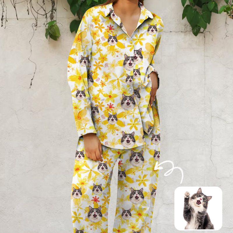 Custom Face Casual Shirt Suit For Women Personalized Face Yellow Flower Long Sleeve Shirt