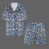 Personalized Women's Silk Short Sleeve Pajama Sets Custom Face Blue Satin Pajamas Nightwear