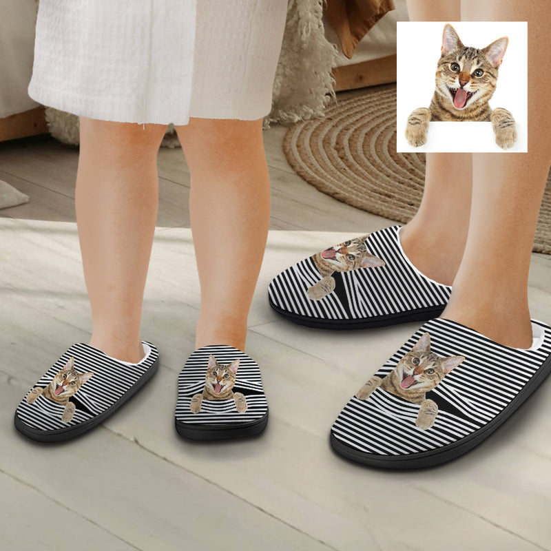 Personalized Pet Photo Black Stripe Cotton Slipper For Family