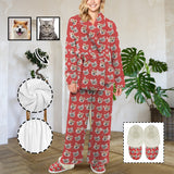 Custom Face Snowflake Red Cotton Material&Plush Material Women's Tie Waist Pocket Long Pajama Sets&Slippers