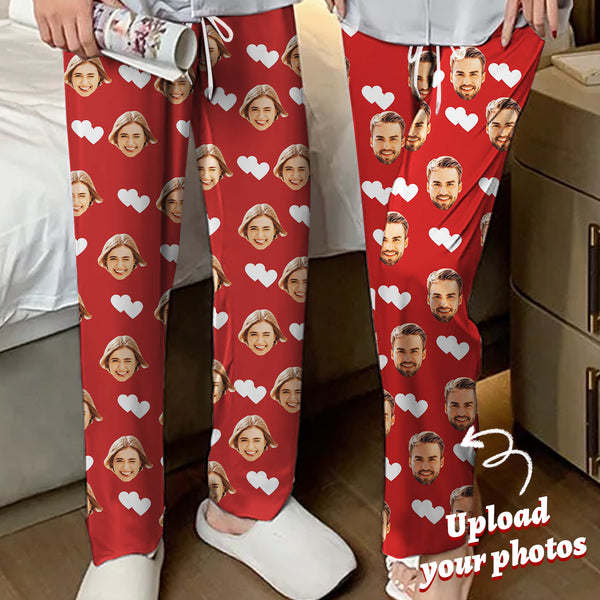 Personalized Face On Unisex Pajama Pants For Men&Women Custom Face&White Heart Red Pajama Pants