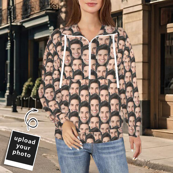 Custom Multi-Face Sweatshirt Hoodie Personalized Face Women's Lapel Half Zip Pullover Drawstring Sweatshirts