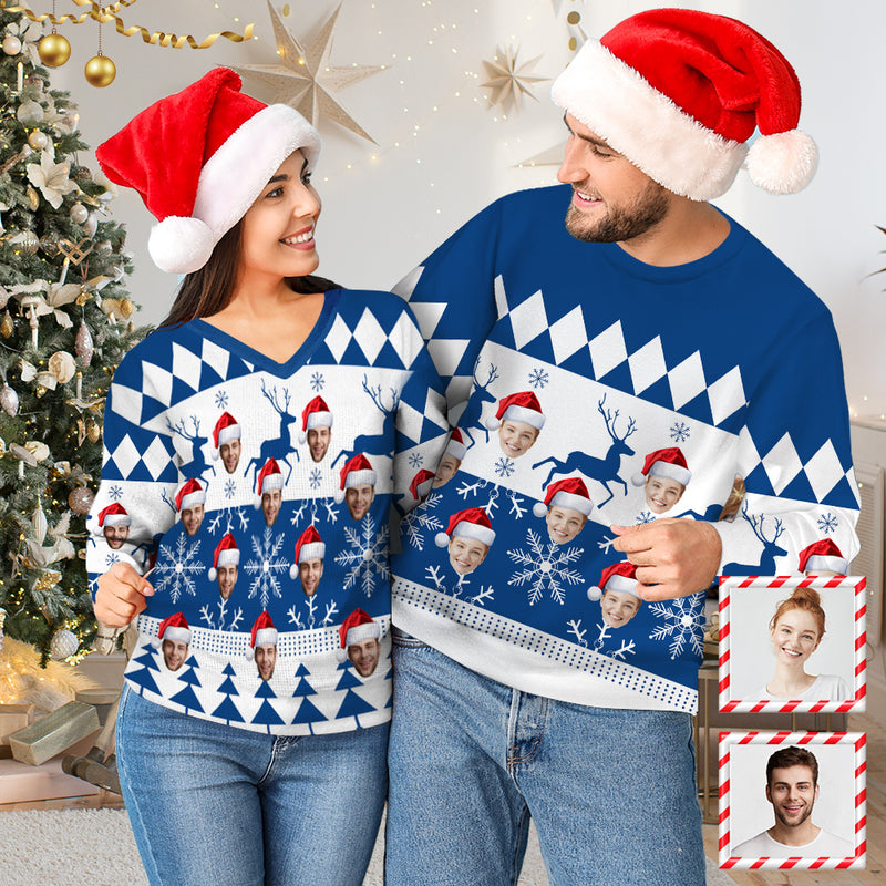 Custom Face Women's V Neck Sweater&Men's Crew Neck Sweater Merry Christmas Blue Couple Sweaters