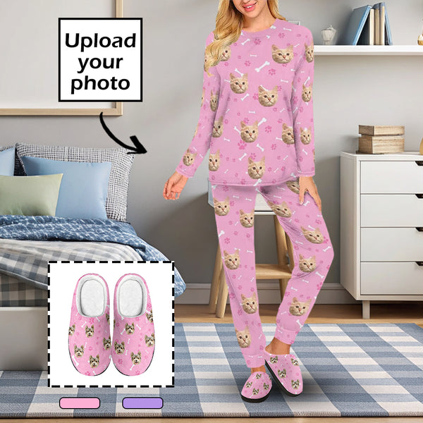 Custom Cat Face Pajamas Set&Slippers Personalized Women's Crew Neck Face Long Sleeve Pajamas